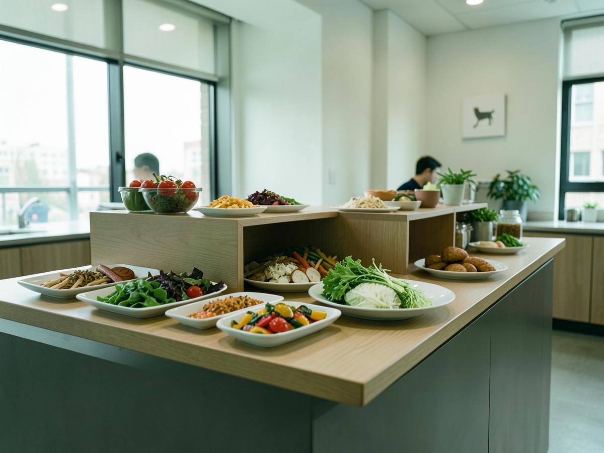 Kantinebuffet med frisk mad i et lyst personalekøkken